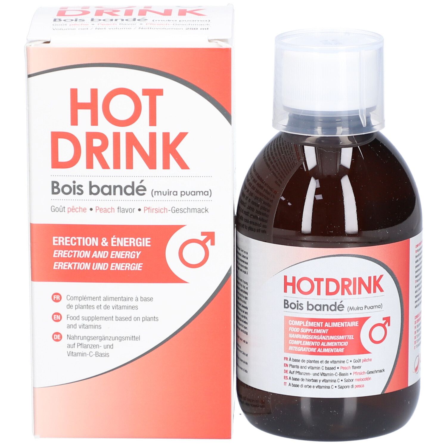 Produit HOTDRINK, bouteille et emballage. Inscription HOTDRINK, Bois bandé. Goût pêche. Symbole masculin.