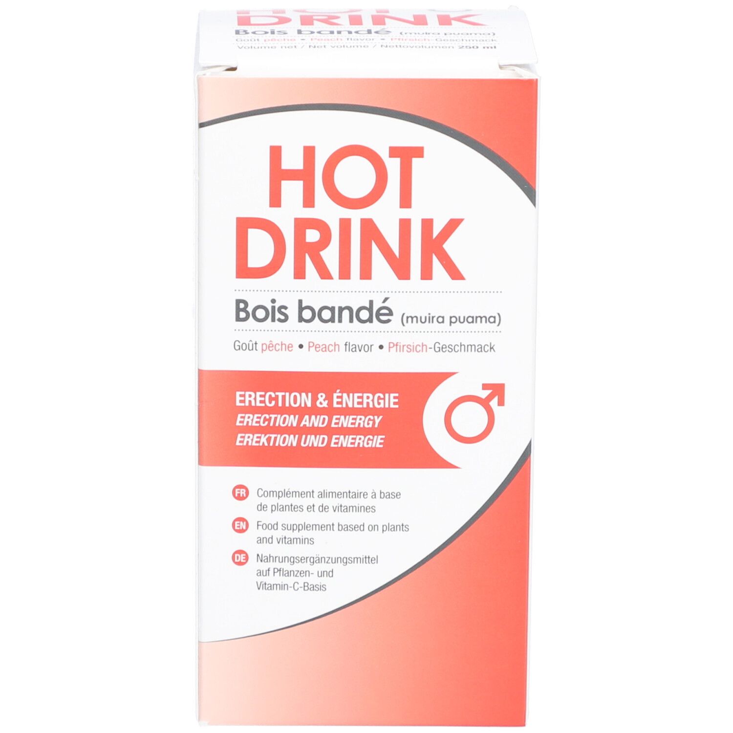 Emballage HOTDRINK. Inscription HOTDRINK, Bois bandé. Goût pêche. Symbole masculin. Complément alimentaire.