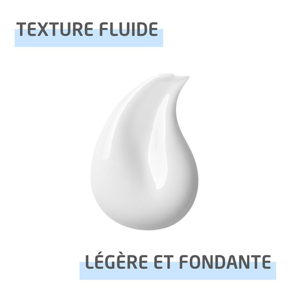 Goutte blanche. Texte : Texture fluide, légère et fondante. Sur fond clair.
