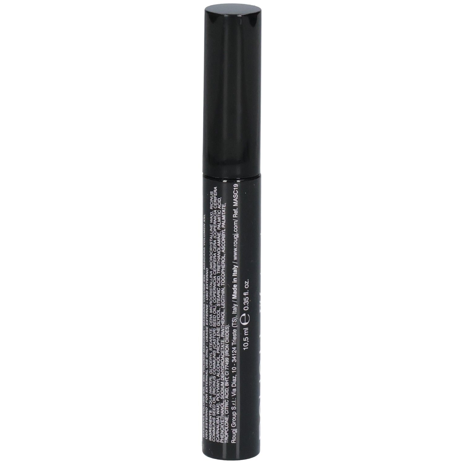 ROUGJ+ Mascara Extra Volume XXL, applicateur de mascara noir avec informations produit.