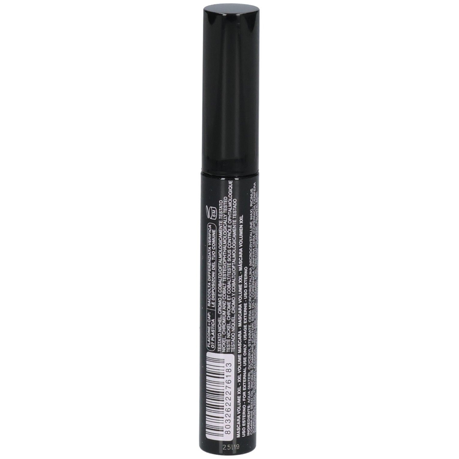 ROUGJ+ Mascara Extra Volume XXL, applicateur de mascara noir avec code-barres et informations produit.