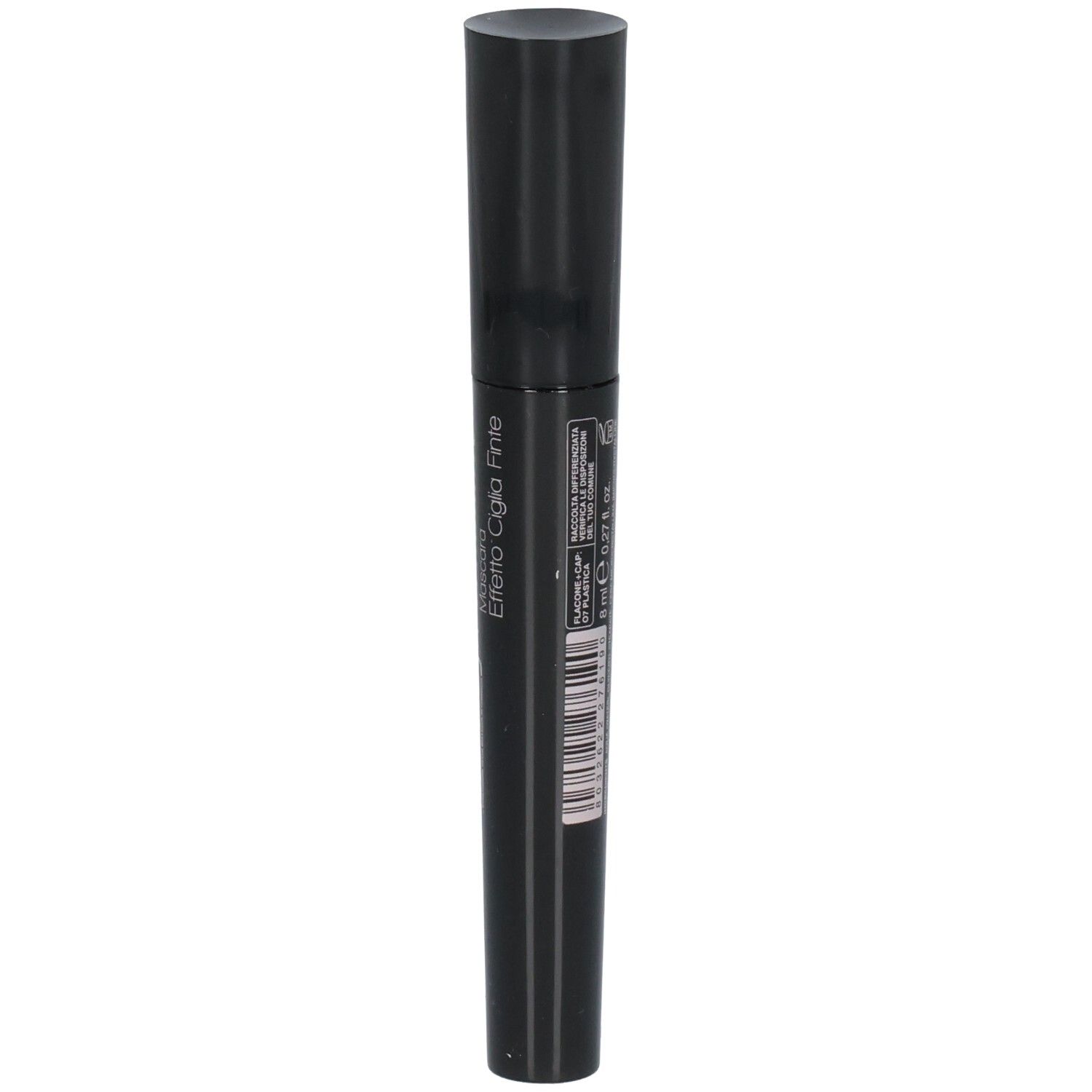 Côté du mascara ROUGJ+ Evadamo avec texte et code-barres.