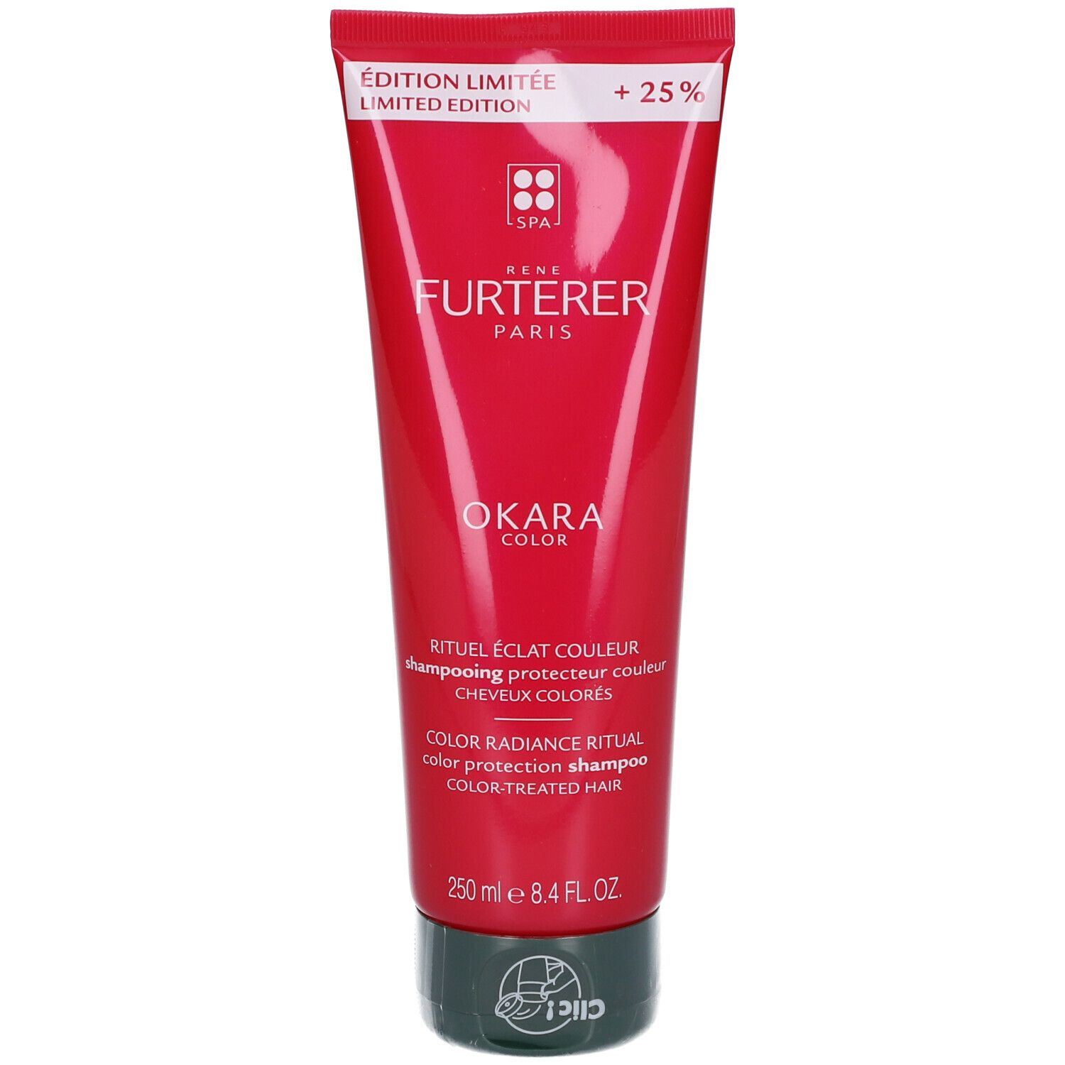 Tube rouge de shampooing Okara Color de René Furterer. Édition limitée. Contenance 250 ml.