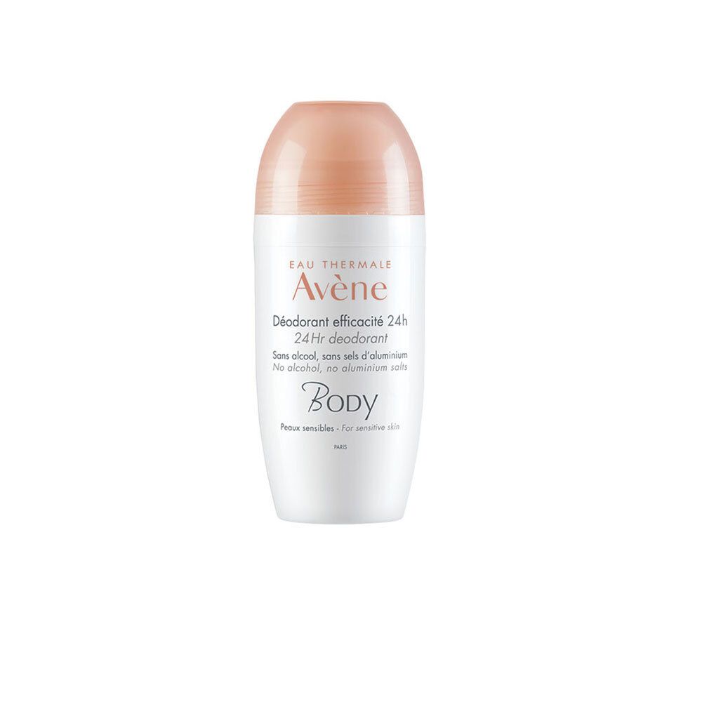 Roll-on déodorant blanc et bouchon rose. Inscription: Eau Thermale Avène, Déodorant efficacité 24h, Body. Pour peaux sensibles.