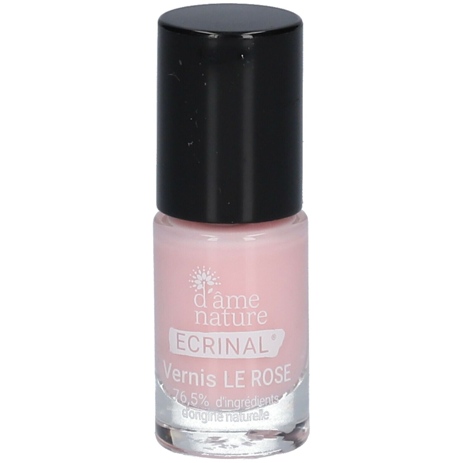 Flacon de vernis à ongles rose avec bouchon noir. Inscriptions: d'âme nature, ECRINAL, Vernis LE ROSE.