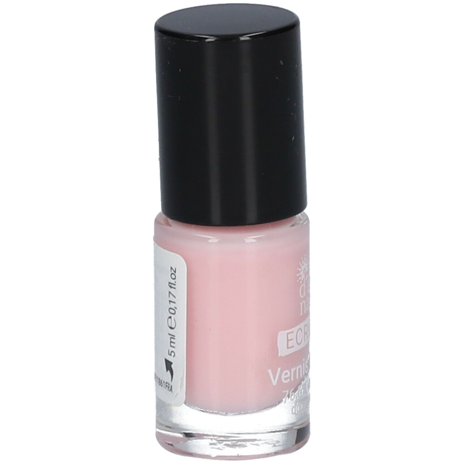 Flacon de vernis à ongles rose avec bouchon noir. Inscriptions: 5 ml, 0,17 fl.oz. Étiquette avec texte.