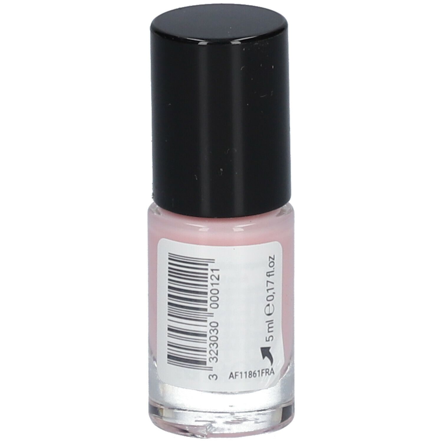 Flacon de vernis à ongles rose avec bouchon noir. Étiquette avec code-barres et texte. Volume: 5 ml.