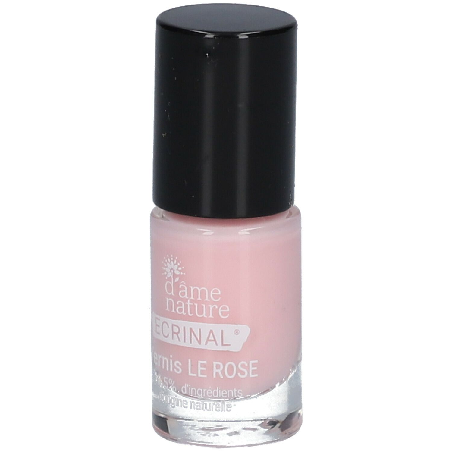Flacon de vernis à ongles rose avec bouchon noir. Inscriptions: d'âme nature, ECRINAL, Vernis LE ROSE.