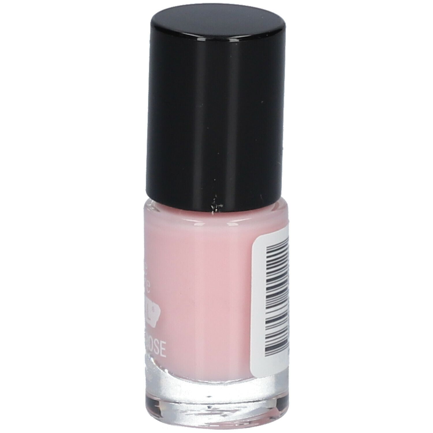 Flacon de vernis à ongles rose avec bouchon noir. Étiquette avec texte. Code-barres.