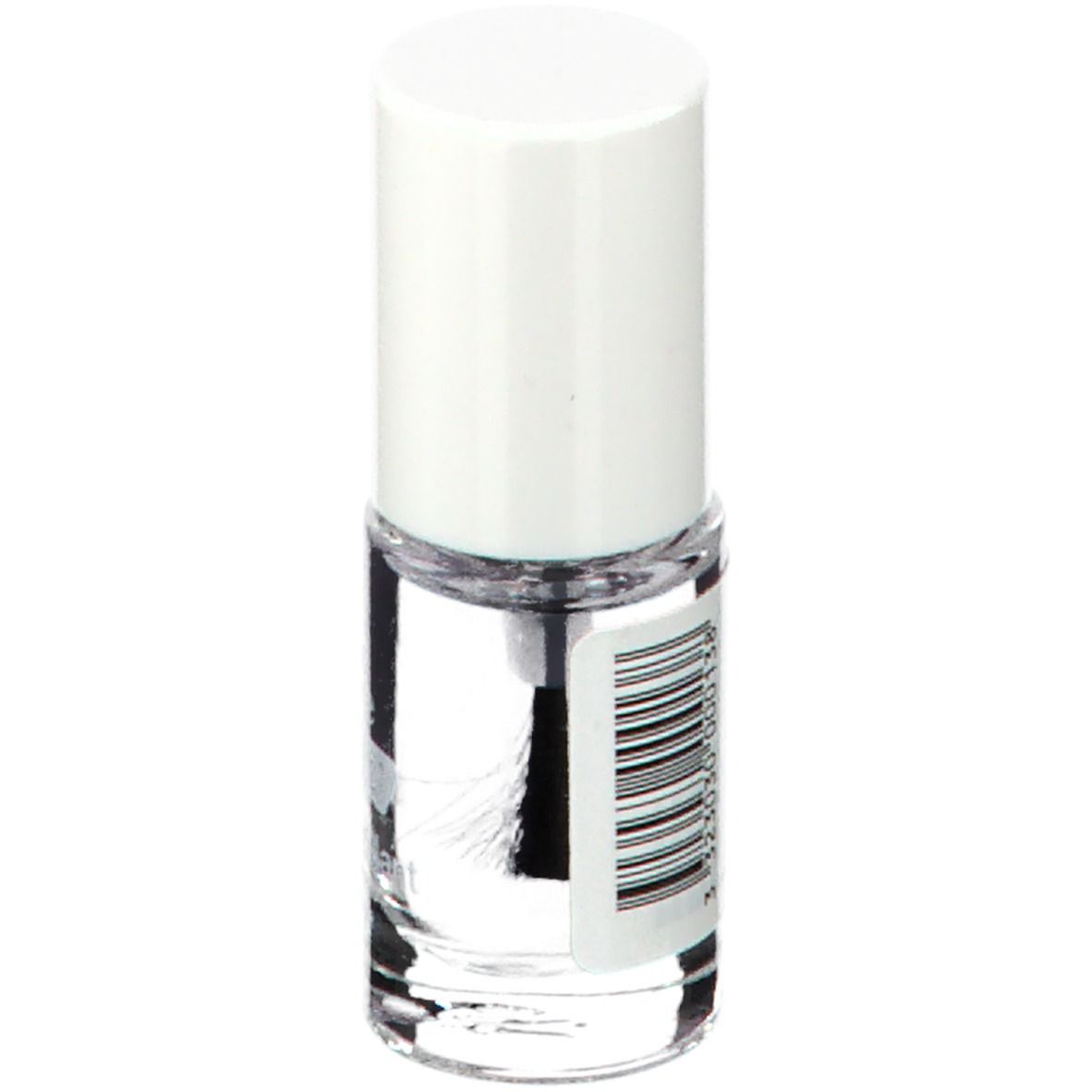 Flacon de durcisseur d'ongles avec bouchon blanc. Étiquette avec code-barres. Liquide clair, pinceau visible.