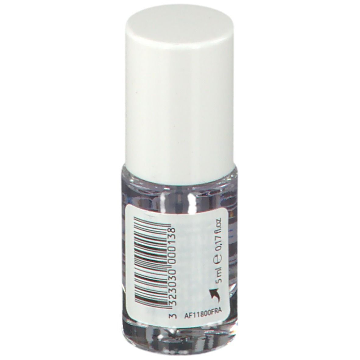 Flacon de durcisseur d'ongles avec bouchon blanc. Étiquette avec code-barres et indication de volume. Liquide clair.