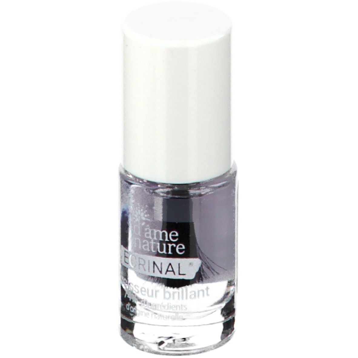 Flacon de durcisseur d'ongles avec bouchon blanc. Inscription : d'âme nature, ECRINAL. Liquide clair, pinceau visible.