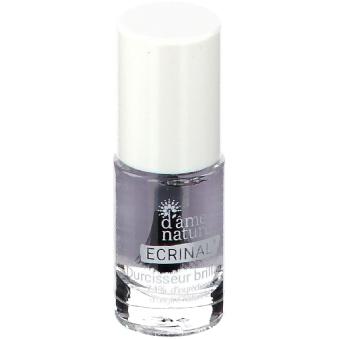 Flacon de durcisseur d'ongles avec bouchon blanc. Inscription : d'âme nature, ECRINAL. Liquide clair, pinceau visible.