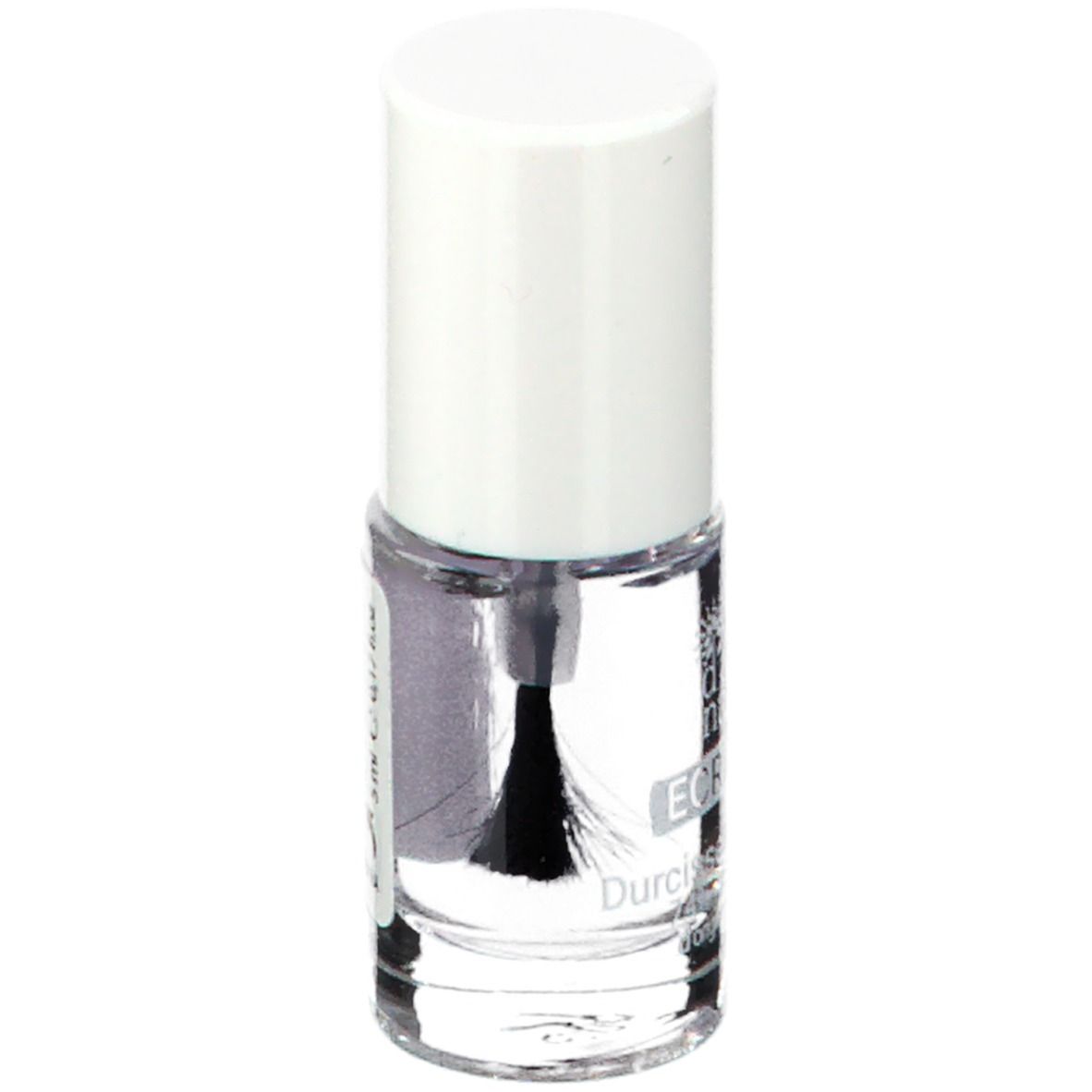 Flacon de durcisseur d'ongles avec bouchon blanc. Étiquette visible. Liquide clair, pinceau visible.