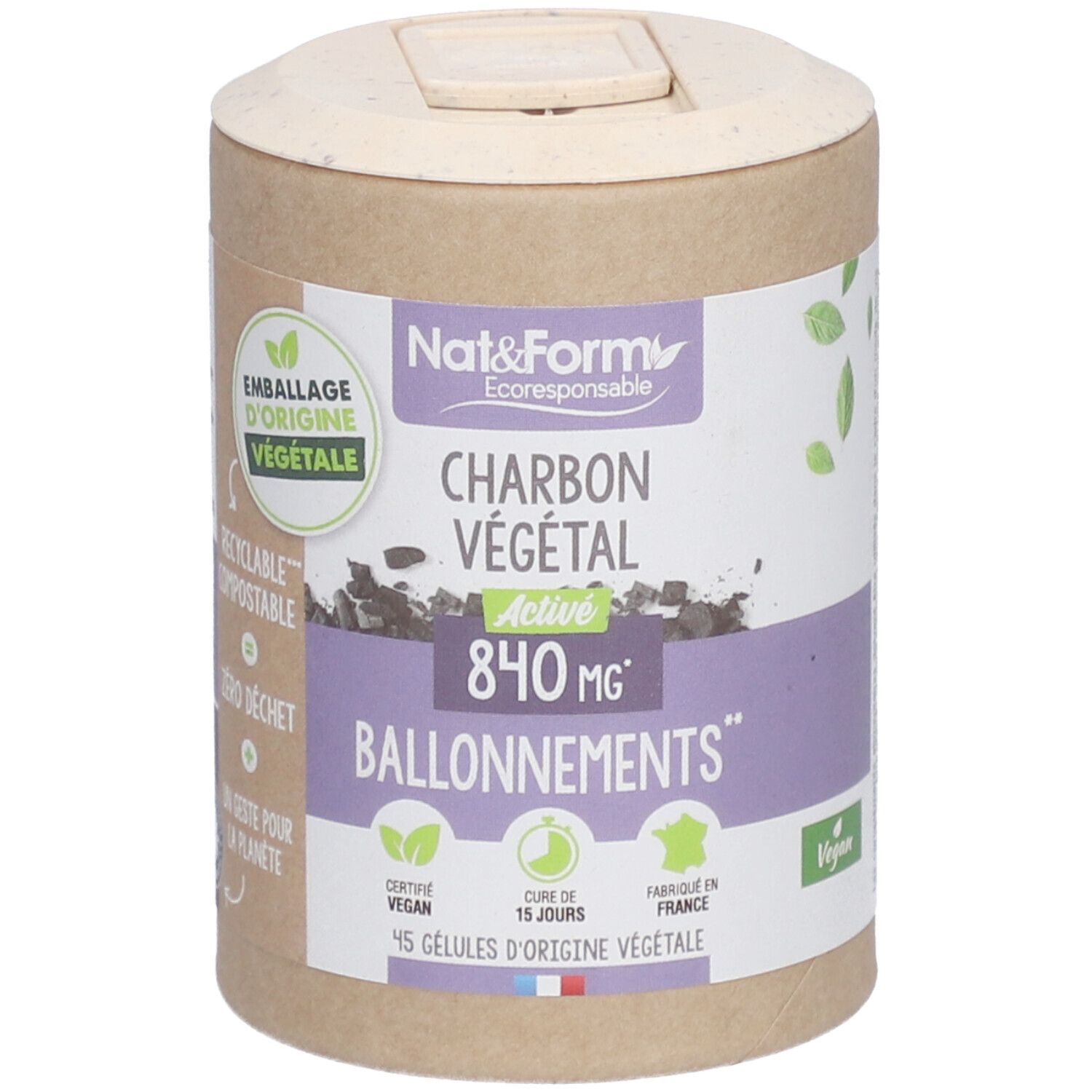 Boîte cylindrique avec informations produit. Inscription: Charbon Végétal Active 840 mg, Ballonnement. Vegan, 45 gélules.