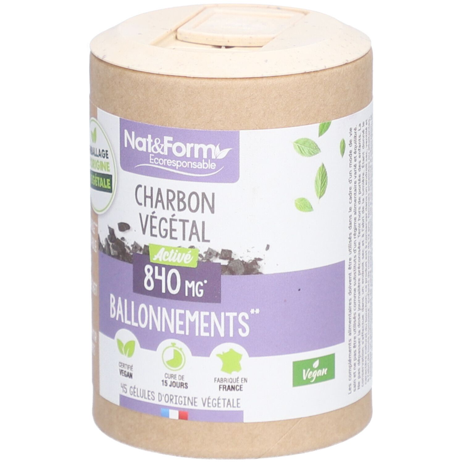 Boîte cylindrique avec informations produit. Inscription: Charbon Végétal Active 840 mg, Ballonnement. Vegan, 45 gélules.