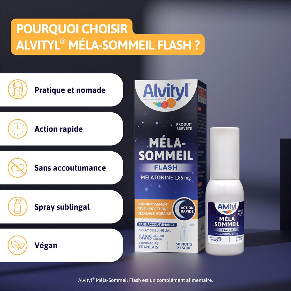 Emballage et flacon spray ALVITYL Méla-sommeil Flash. Emballage bleu avec nom du produit et informations. Flacon spray blanc.