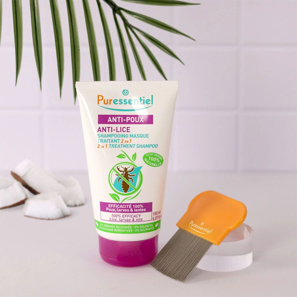 Tube Shampooing Masque Traitant 2 en 1, peigne et noix de coco. Texte : Anti-Poux, 100% efficacité.