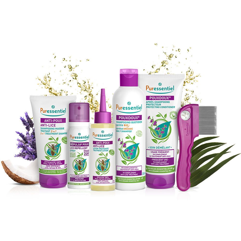 Plusieurs produits : shampooing, spray, huile, après-shampooing et peigne. Texte : Anti-Poux, PouxDoux.