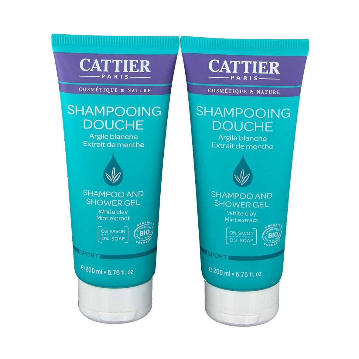 Deux tubes de gel douche. Turquoise, blanc et violet. Inscription : CATTIER, SHAMPOOING DOUCHE, Argile blanche, Extrait de menthe. Label bio.