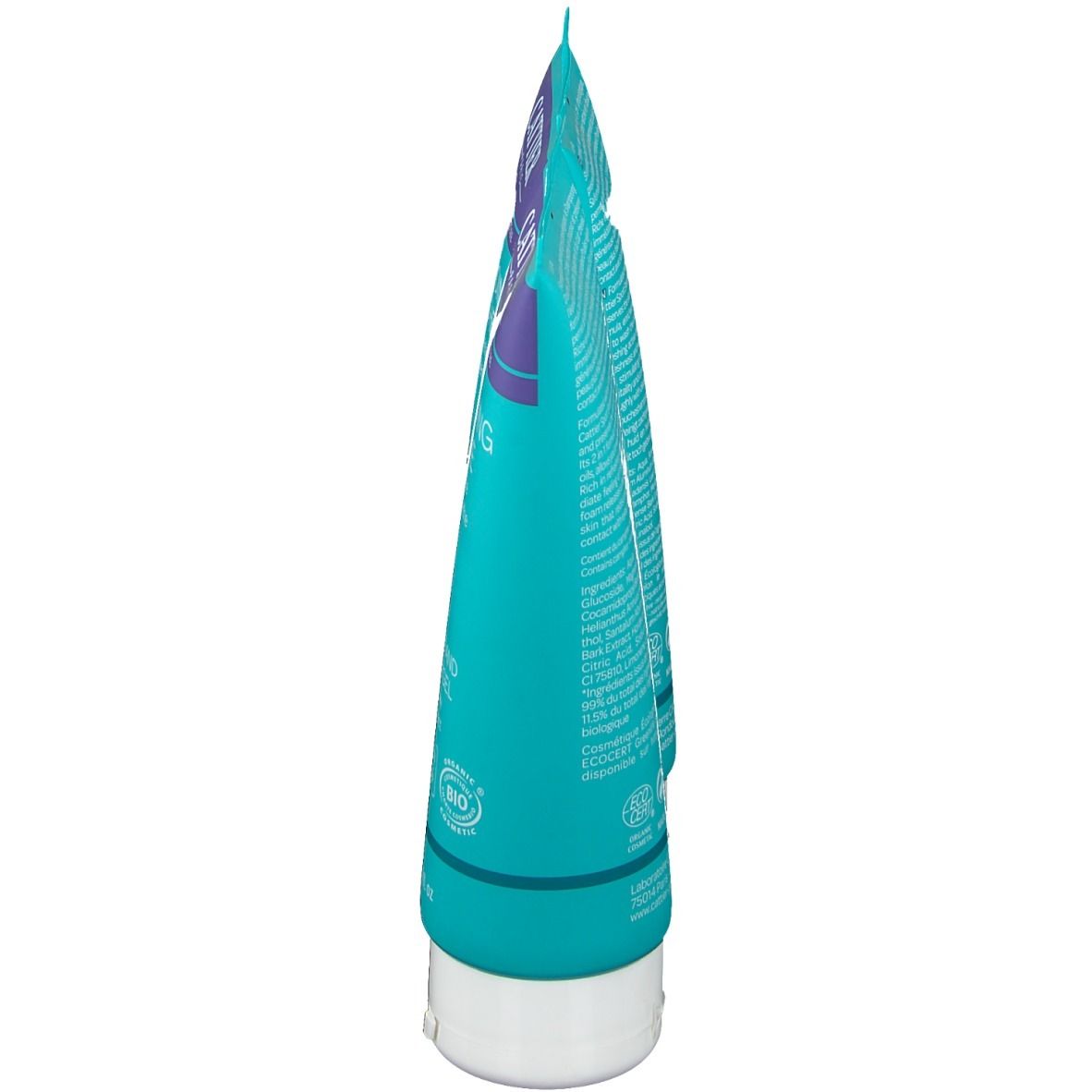 Vue latérale d'un tube de gel douche. Turquoise, blanc et violet. Label bio. Texte illisible.