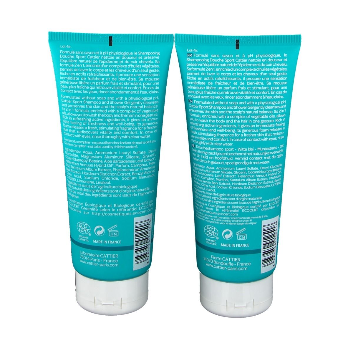 Dos de deux tubes de gel douche. Turquoise, blanc et violet. Texte en français. Label bio. Fabriqué en France.