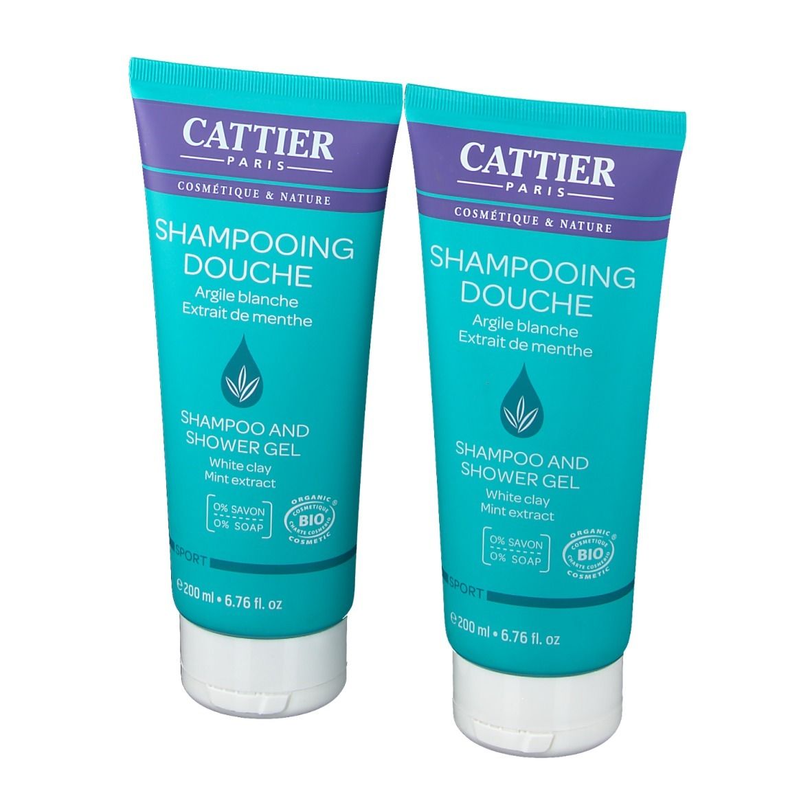 Deux tubes de gel douche. Turquoise, blanc et violet. Inscription : CATTIER, SHAMPOOING DOUCHE, Argile blanche, Extrait de menthe. Label bio.