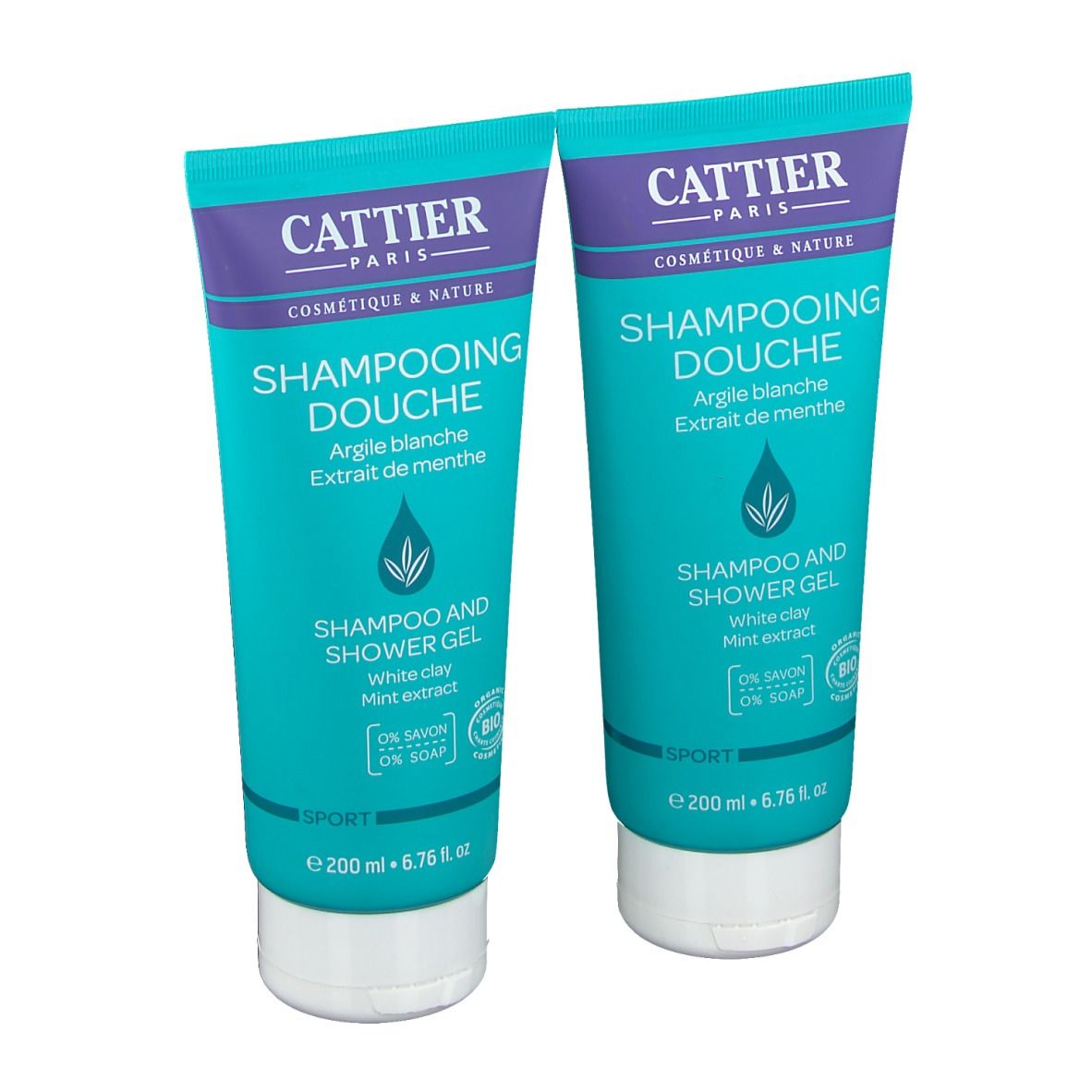 Deux tubes de gel douche. Turquoise, blanc et violet. Inscription : CATTIER, SHAMPOOING DOUCHE, Argile blanche, Extrait de menthe. Label bio.