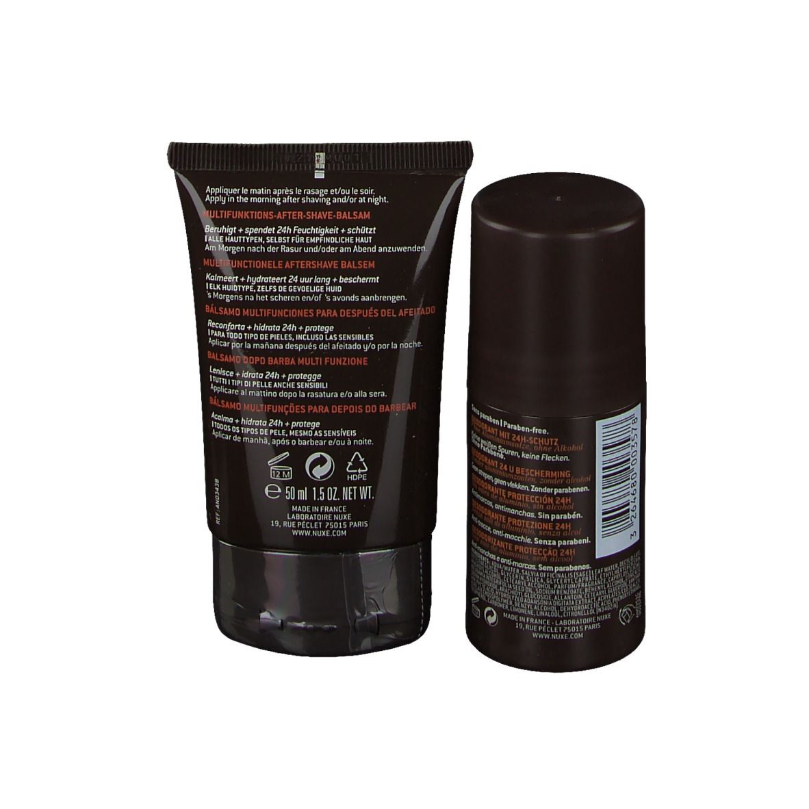 Dos du déodorant et du baume après-rasage. Flacons et tube bruns. Texte multilingue.