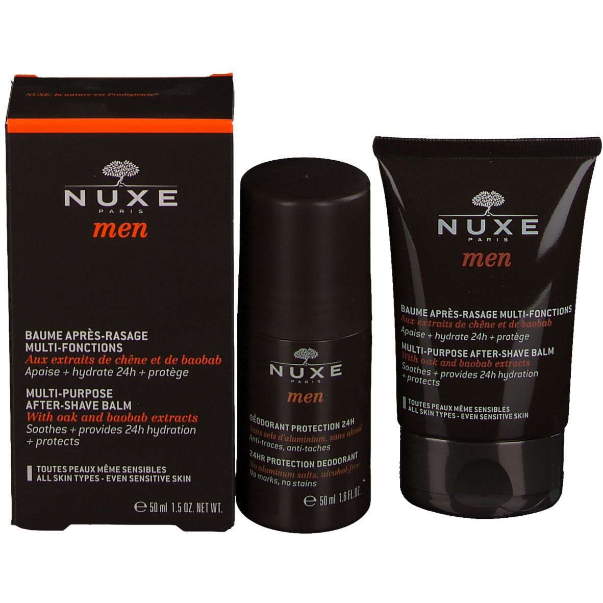 Emballage avec déodorant et baume après-rasage. Marque : Nuxe Men. Texte : Multi-fonctions, protection 24H, tous types de peaux.