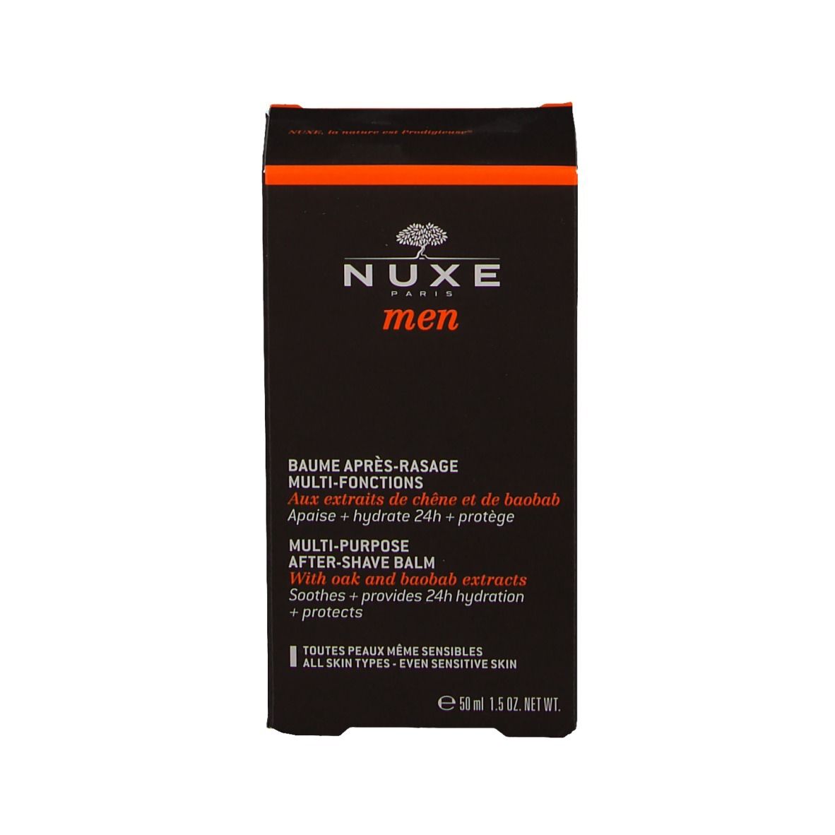 Emballage. Marque : Nuxe Men. Texte : Multi-fonctions, protection 24H, tous types de peaux. Emballage noir avec ligne orange.