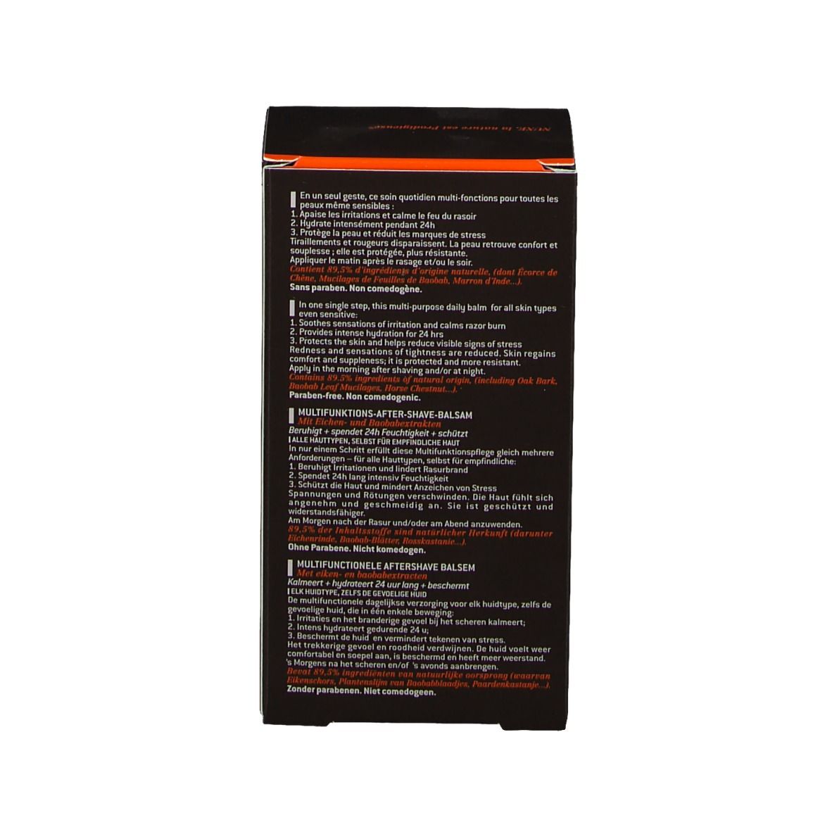 Dos de l'emballage. Texte multilingue. Ingrédients et instructions d'utilisation. Emballage noir.