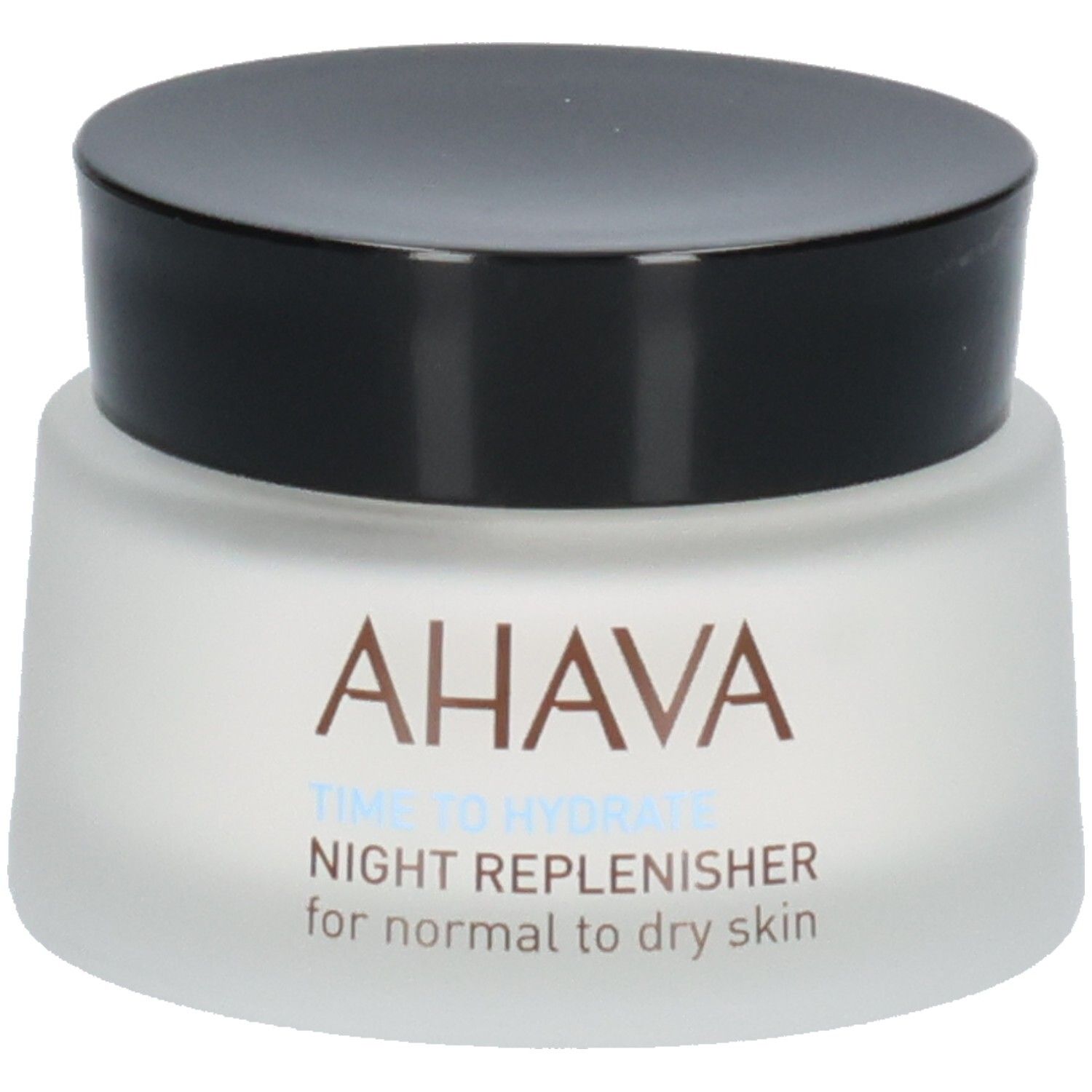 Pot de crème avec couvercle noir. Inscription : AHAVA, TIME TO HYDRATE, NIGHT REPLENISHER, for normal to dry skin.