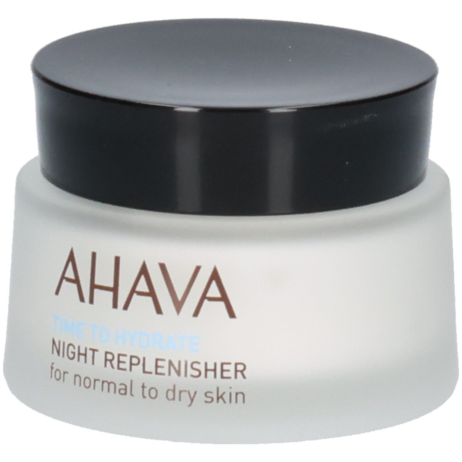 Pot de crème avec couvercle noir. Inscription : AHAVA, TIME TO HYDRATE, NIGHT REPLENISHER, for normal to dry skin.