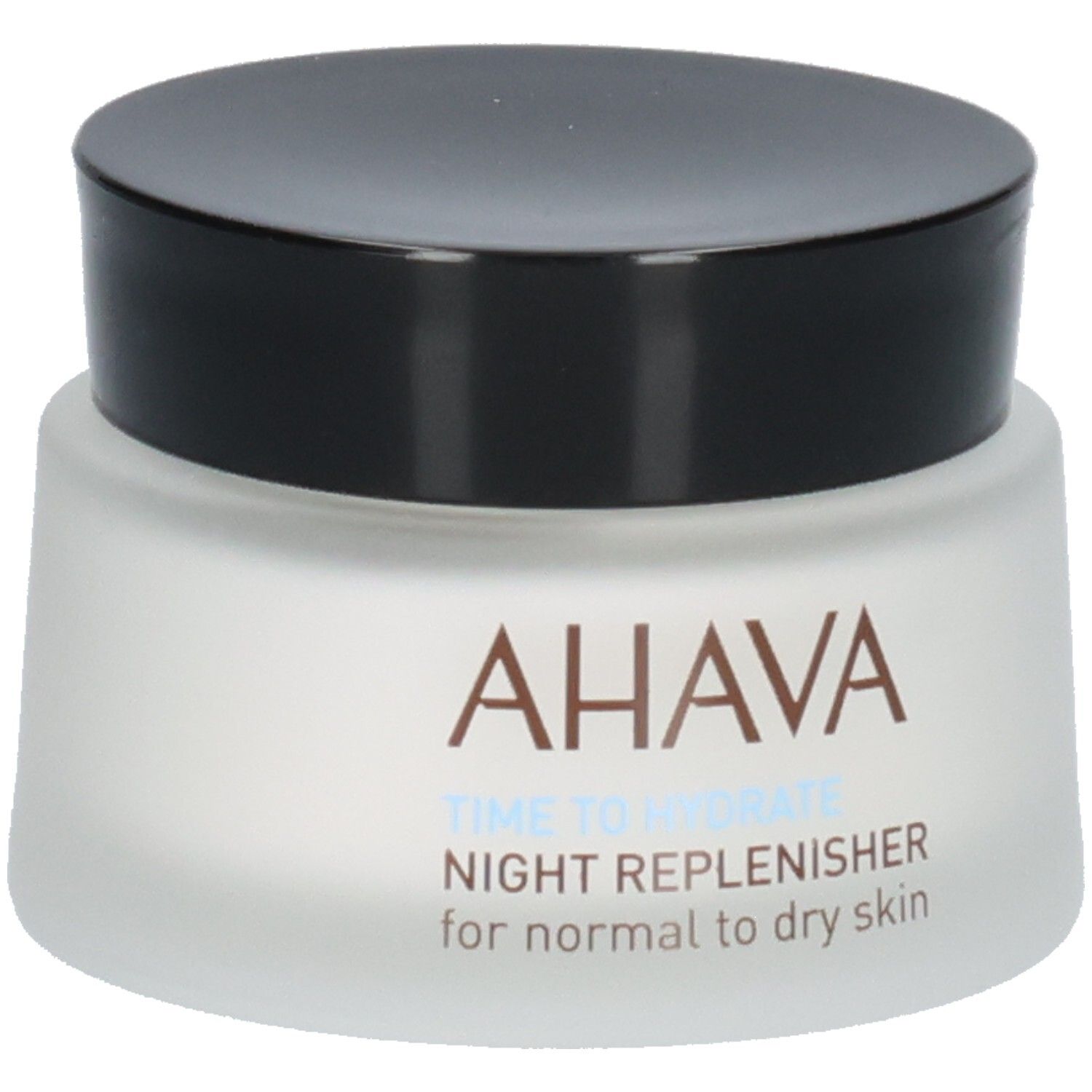 Pot de crème avec couvercle noir. Inscription : AHAVA, TIME TO HYDRATE, NIGHT REPLENISHER, for normal to dry skin.