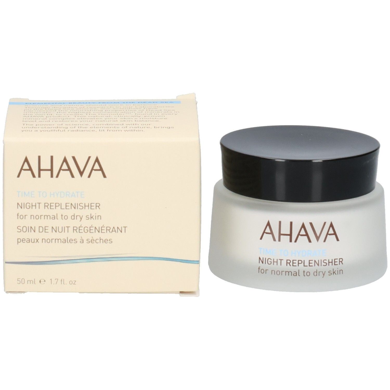 Pot de crème et carton. Inscription : AHAVA, TIME TO HYDRATE, NIGHT REPLENISHER, 50 ml.