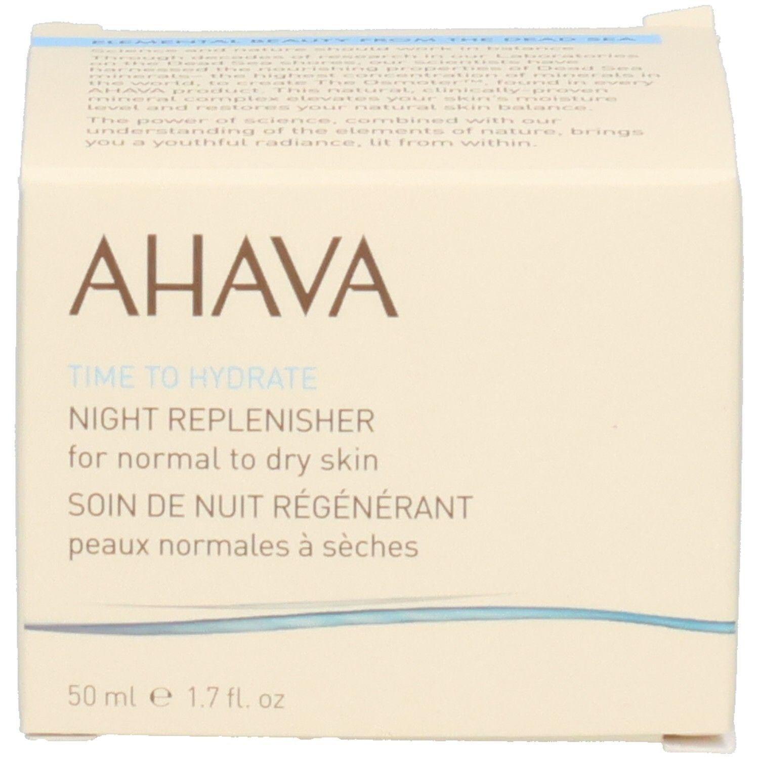 Boîte avec inscription : AHAVA, TIME TO HYDRATE, NIGHT REPLENISHER, 50 ml.