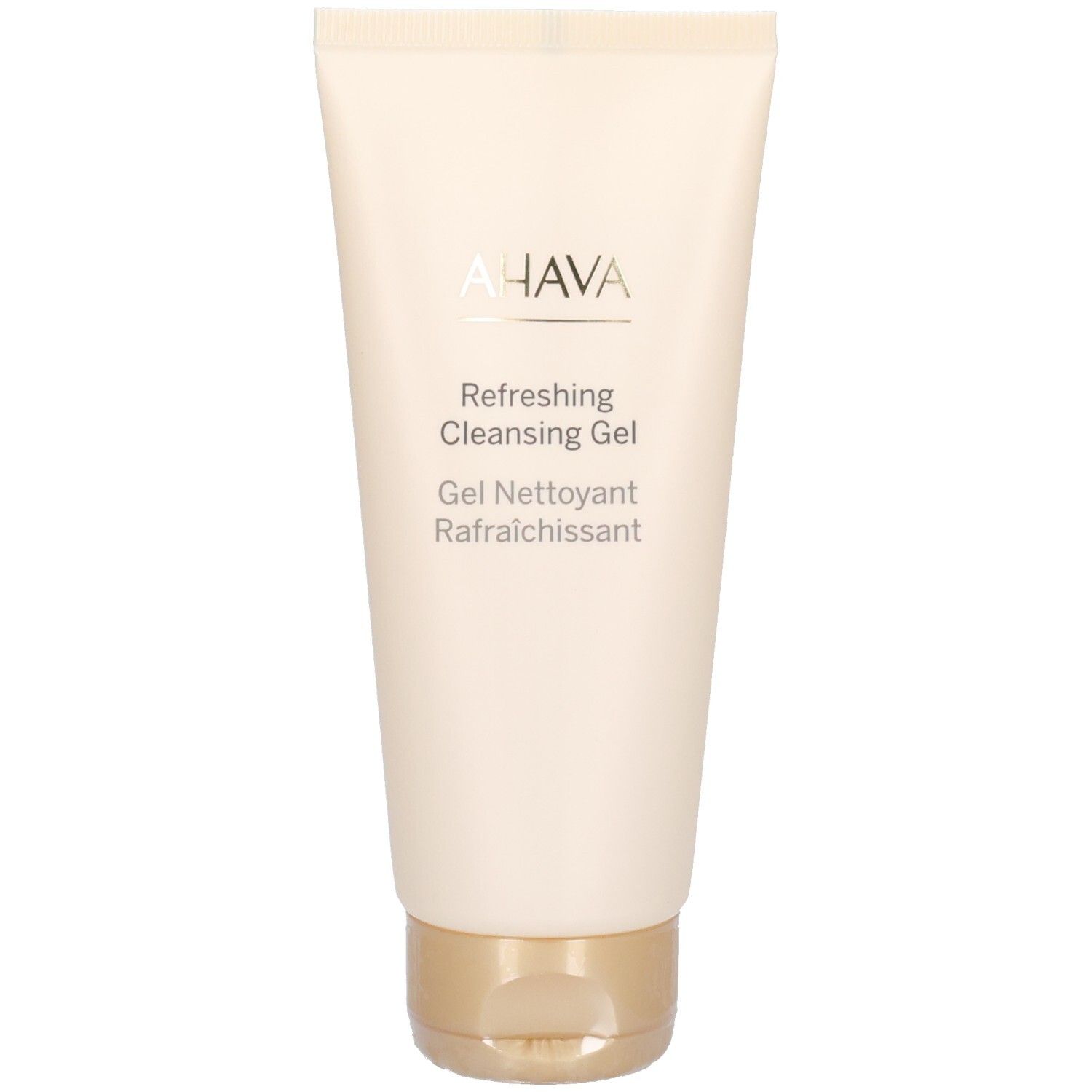 Tube beige avec bouchon doré. Logo AHAVA et nom du produit: Refreshing Cleansing Gel.
