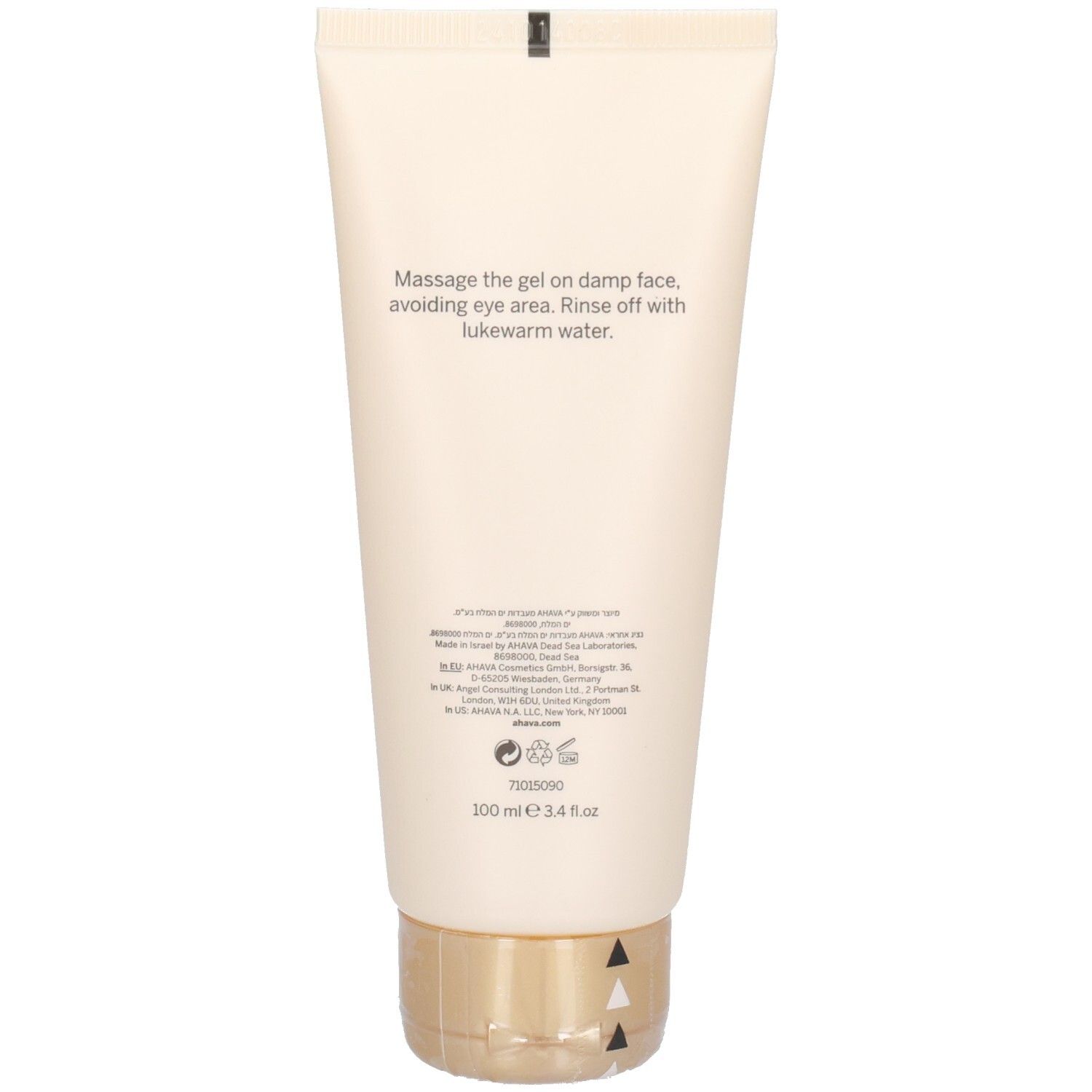 Dos du tube. Texte: Massage the gel on damp face... Rinse off with lukewarm water.
