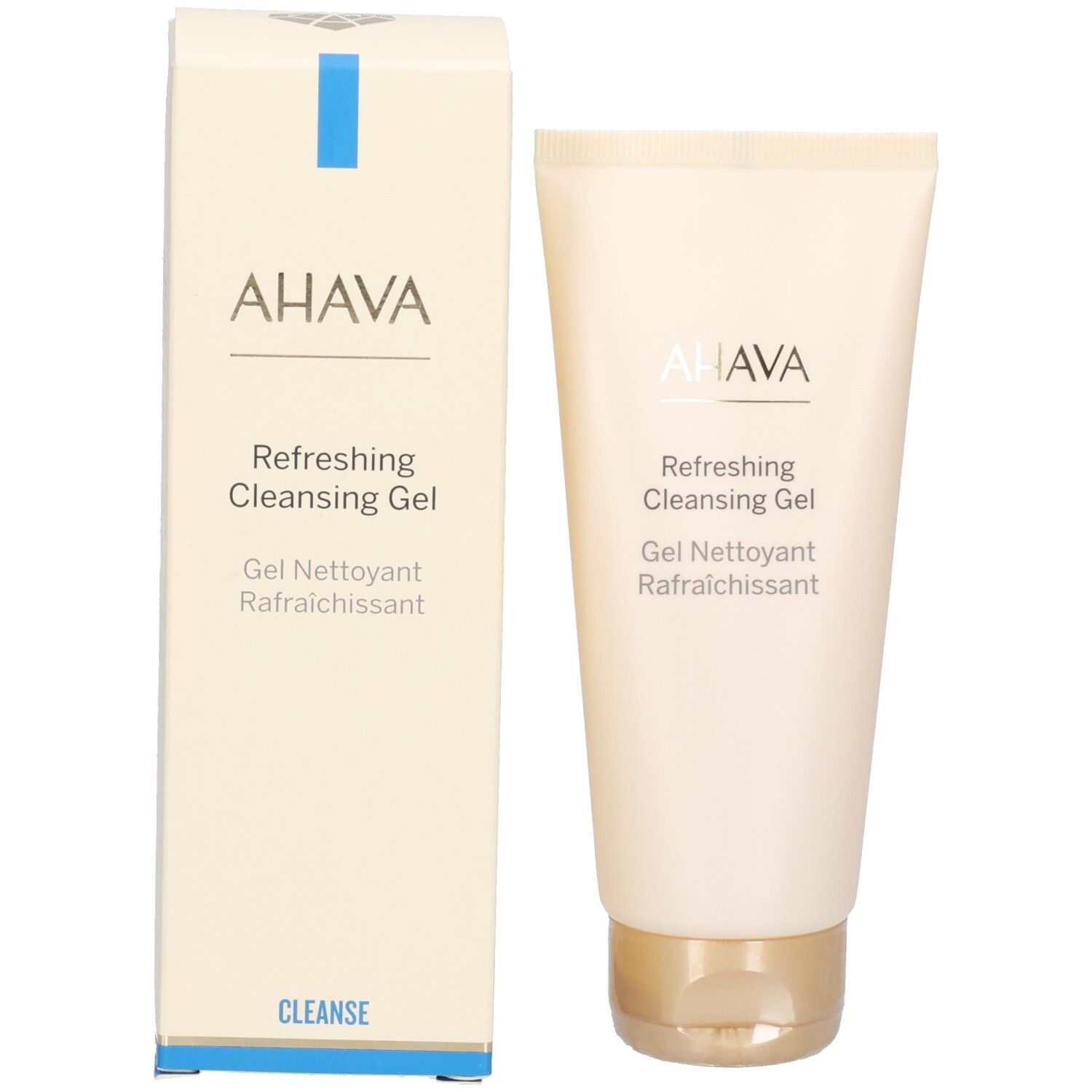 Produit et emballage. Tube et carton beiges. Logo AHAVA et nom du produit: Refreshing Cleansing Gel.