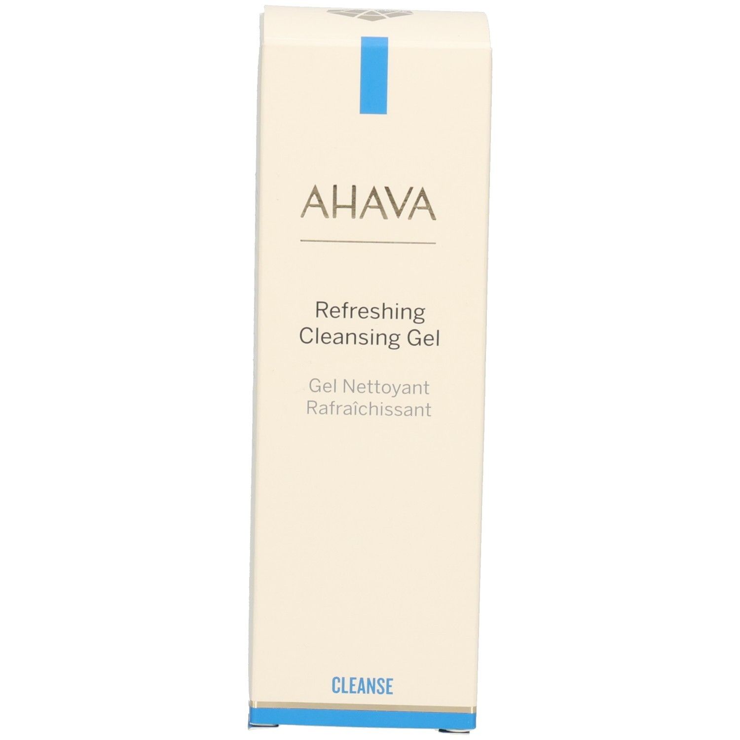 Emballage en carton. Logo AHAVA et nom du produit: Refreshing Cleansing Gel. Ligne bleue en haut.