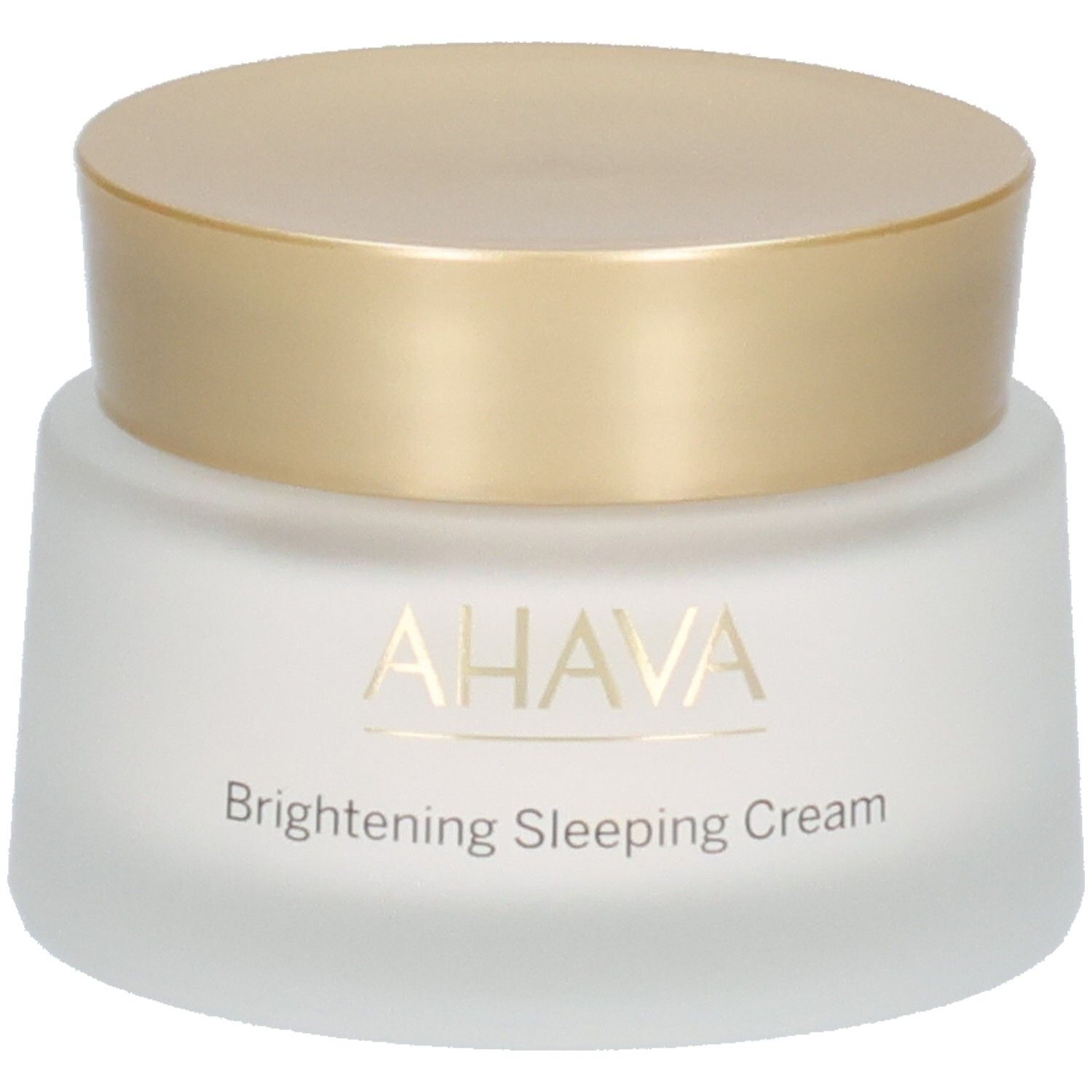 Pot de crème avec couvercle doré. Inscription AHAVA et Brightening Sleeping Cream. Verre blanc dépoli.