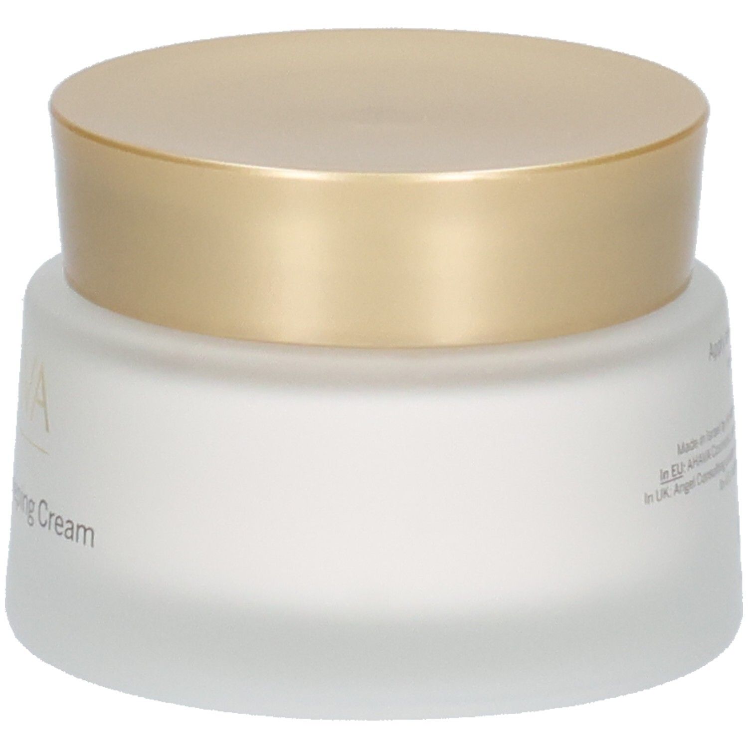 Pot de crème avec couvercle doré. Inscription AHAVA et Brightening Sleeping Cream. Verre blanc dépoli.