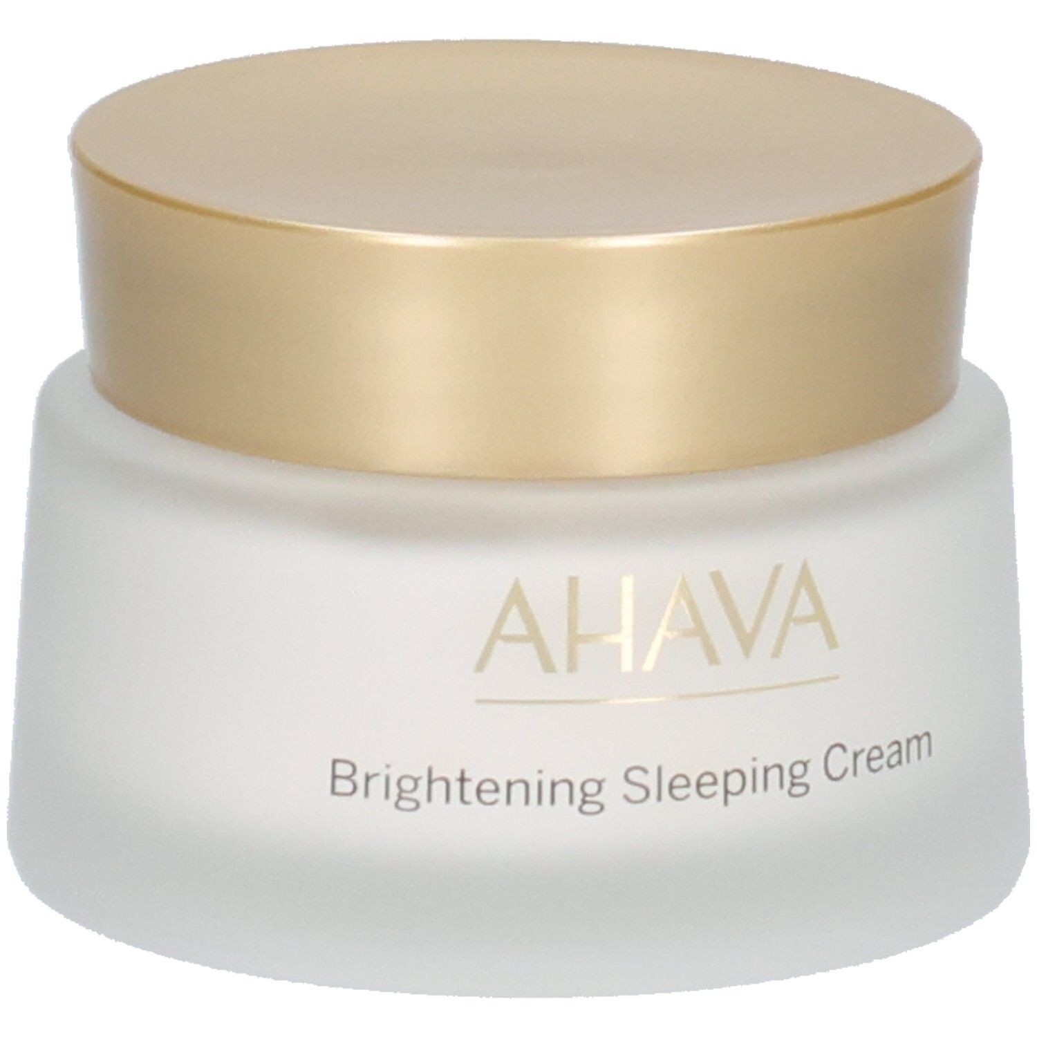 Pot de crème avec couvercle doré. Inscription AHAVA et Brightening Sleeping Cream. Verre blanc dépoli.