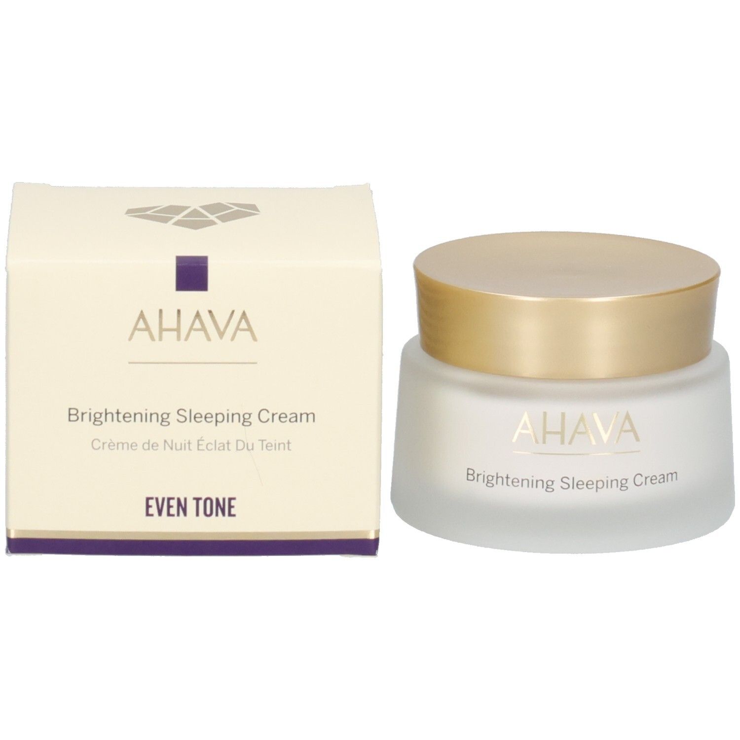 Pot de crème et boîte. Inscription AHAVA, Brightening Sleeping Cream. Verre blanc dépoli.