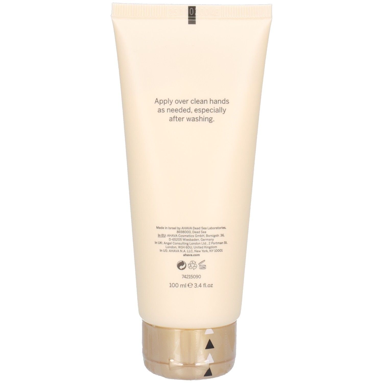 Dos du tube. Texte: Apply over clean hands as needed, especially after washing. 100 ml 3.4 fl.oz.