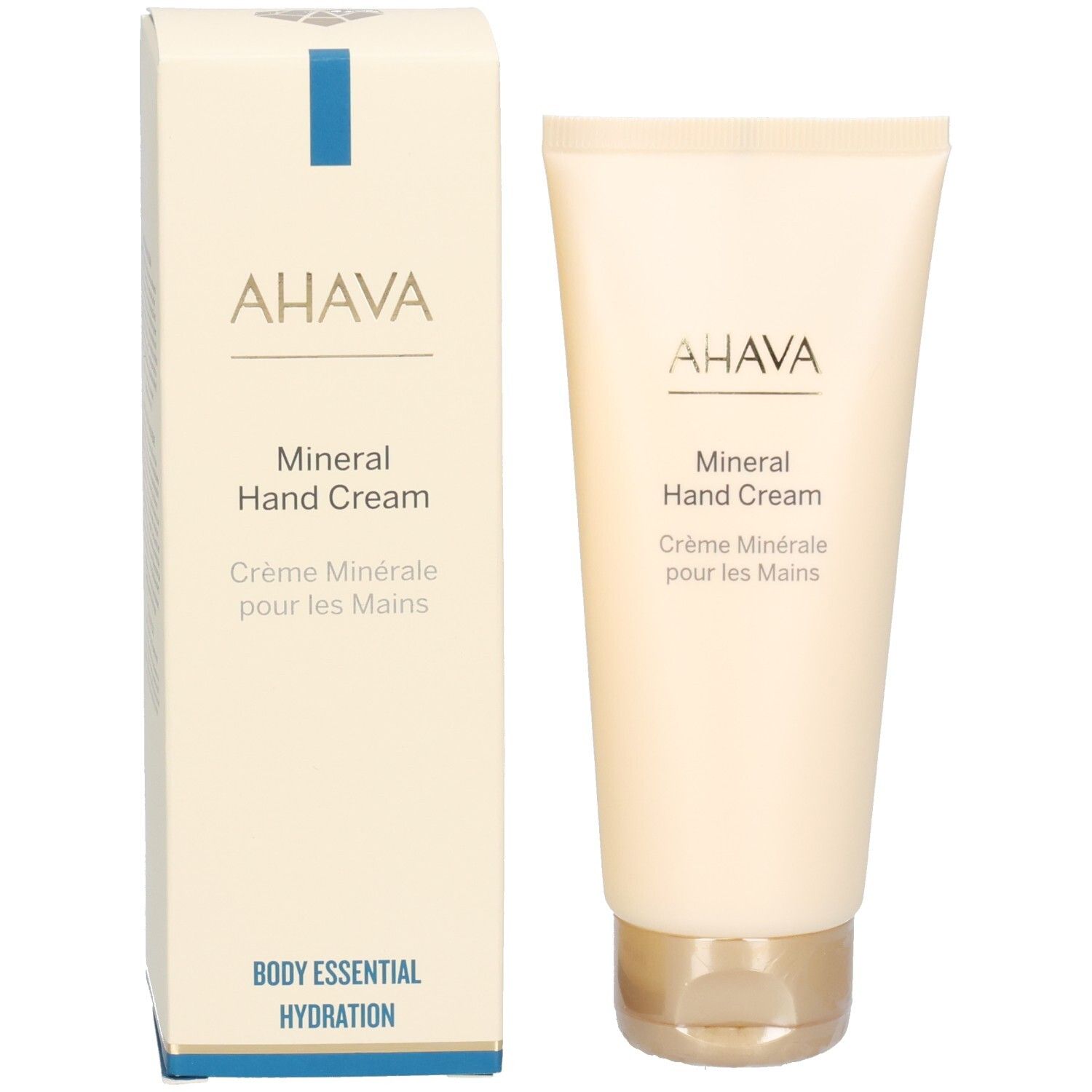 Emballage et tube. Inscription: AHAVA, Mineral Hand Cream, Crème Minérale pour les Mains. BODY ESSENTIAL HYDRATION.