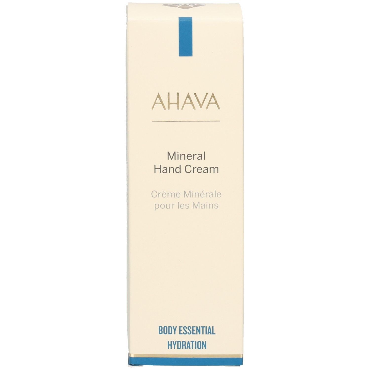 Emballage. Inscription: AHAVA, Mineral Hand Cream, Crème Minérale pour les Mains. BODY ESSENTIAL HYDRATION.