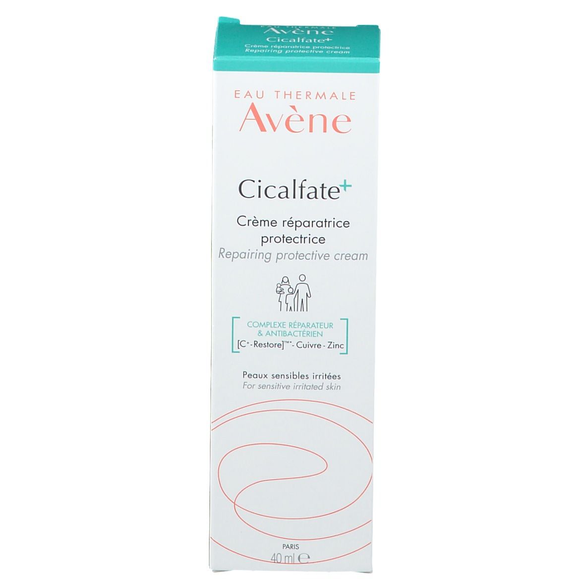 Boîte "Avène Cicalfate+". Texte: "Crème réparatrice protectrice".