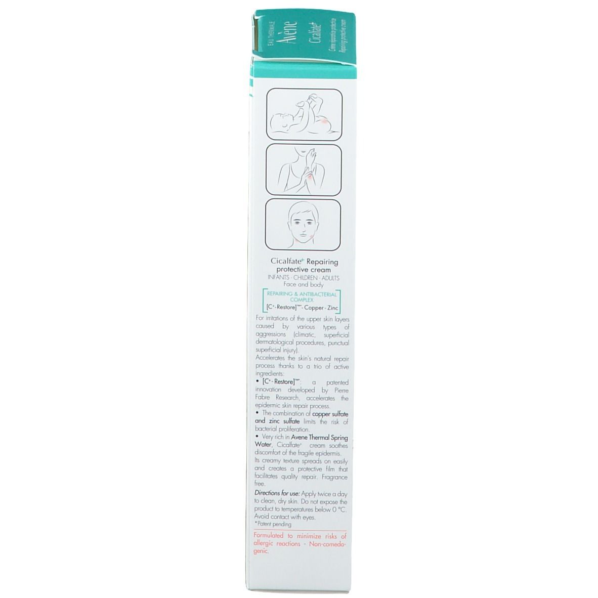 Côté de la boîte "Avène Cicalfate+". Texte et pictogrammes.